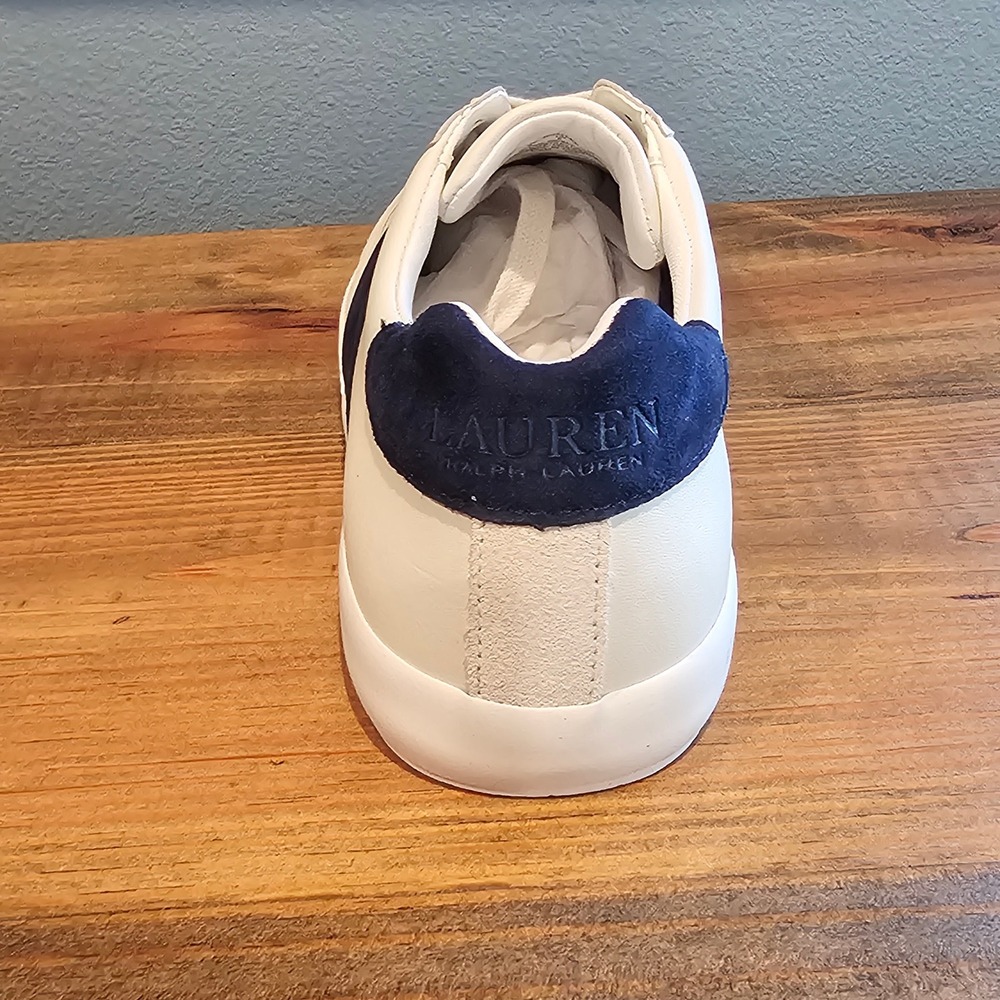 Lauren Ralph Lauren Womens Braylee Leather Sneakers White Navy Blue Stripe 9B - Picture 3 of 7